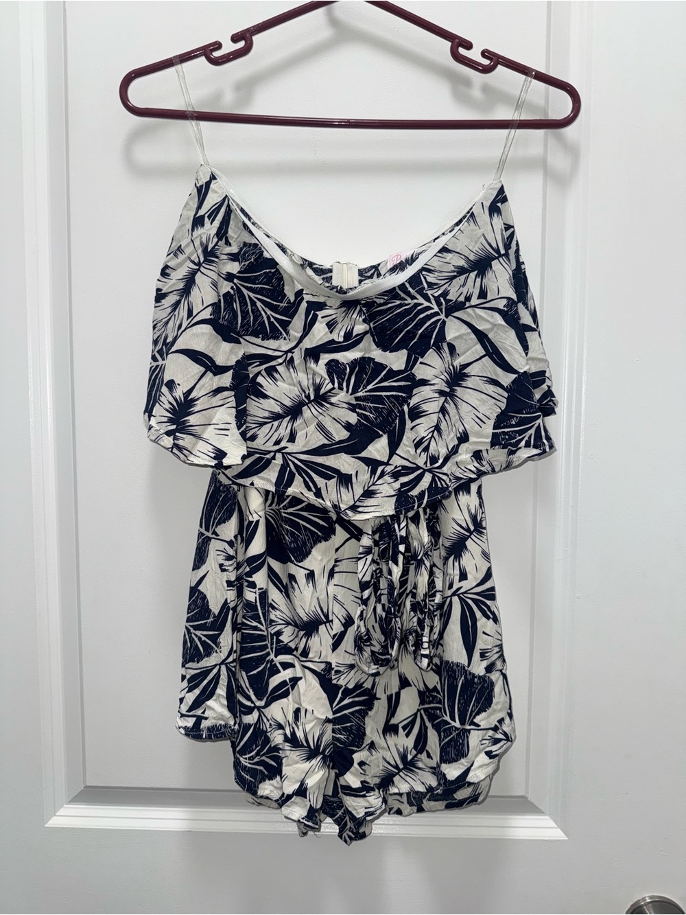 Pink Lily Navy Blue & White Tropical Palm Print Off-Shoulder Romper - Size S